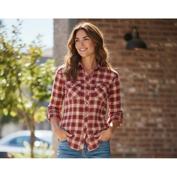 Lauren Ralph Lauren Tops - Lauren Ralph Lauren Women's M Fitted Button Up Shirt Red Tan Plaid Lightweight E